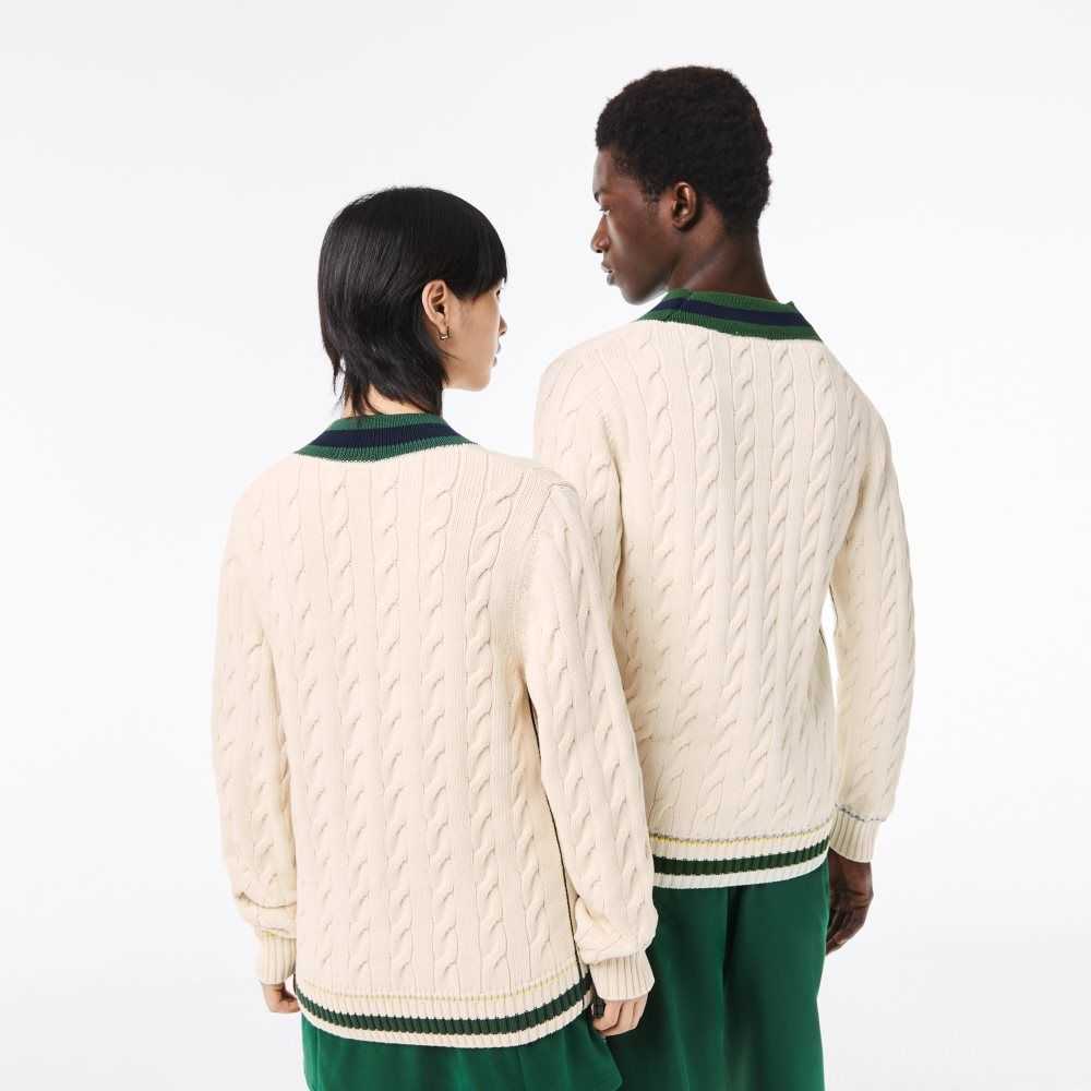 Lacoste V-Neck Cable Knit in Organic Algodon Blancas | 0194-UHORE