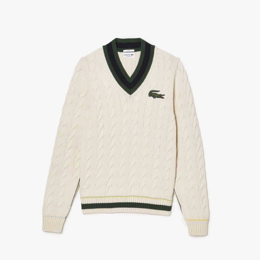 Lacoste V-Neck Cable Knit in Organic Algodon Blancas | 0194-UHORE