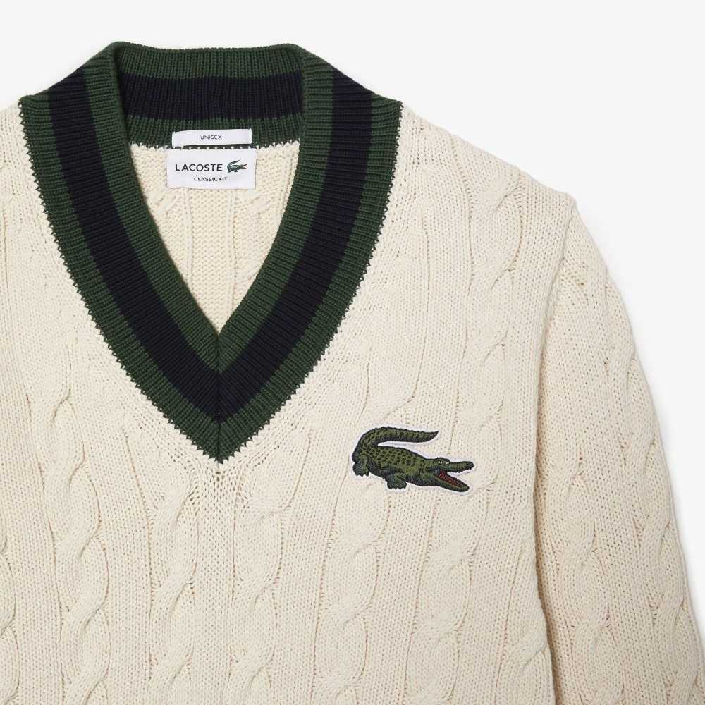 Lacoste V-Neck Cable Knit in Organic Algodon Blancas | 0194-UHORE