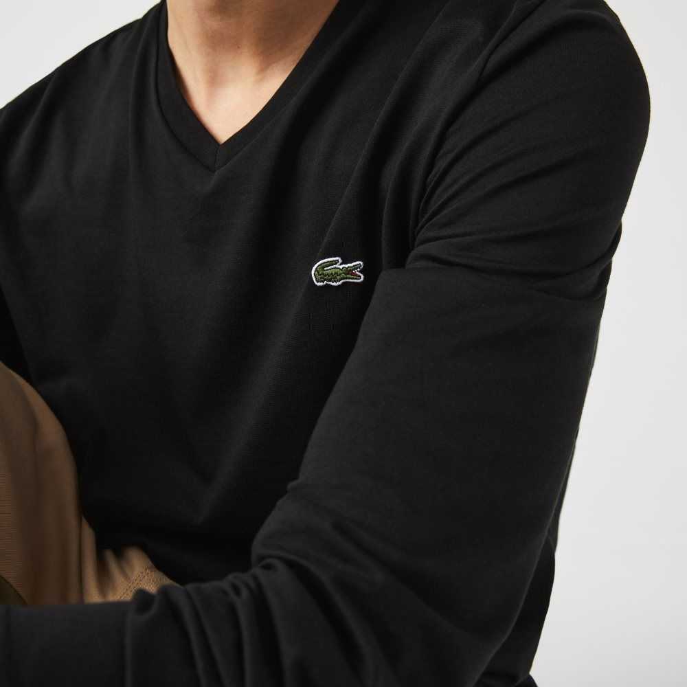 Lacoste V-Neck Ligeros Pima Algodon Jersey Negras | 4931-LKXIY