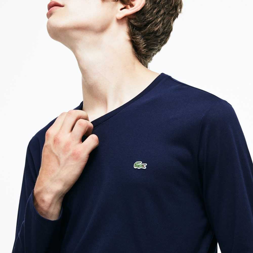 Lacoste V-Neck Ligeros Pima Algodon Jersey Azul Marino Azules | 6541-VDRGS