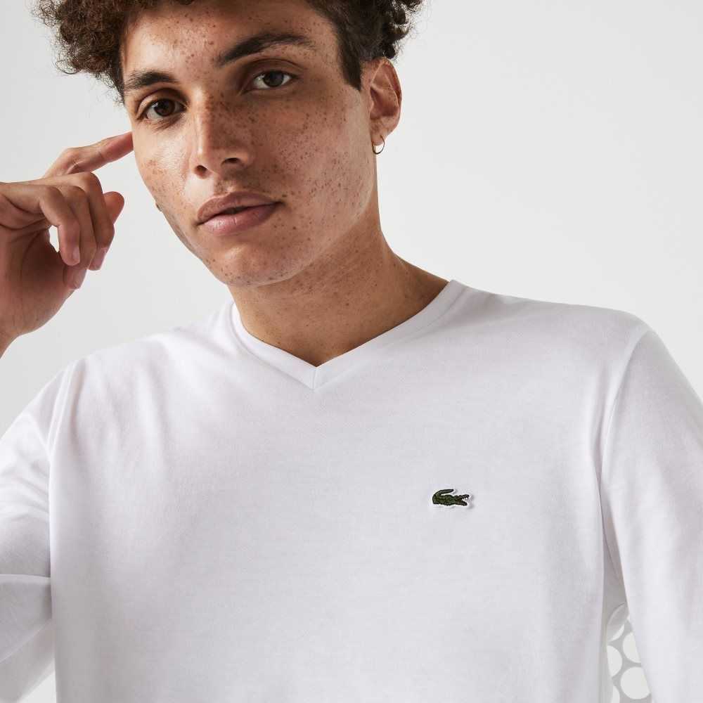 Lacoste V-Neck Ligeros Pima Algodon Jersey Blancas | 7645-LFJCG