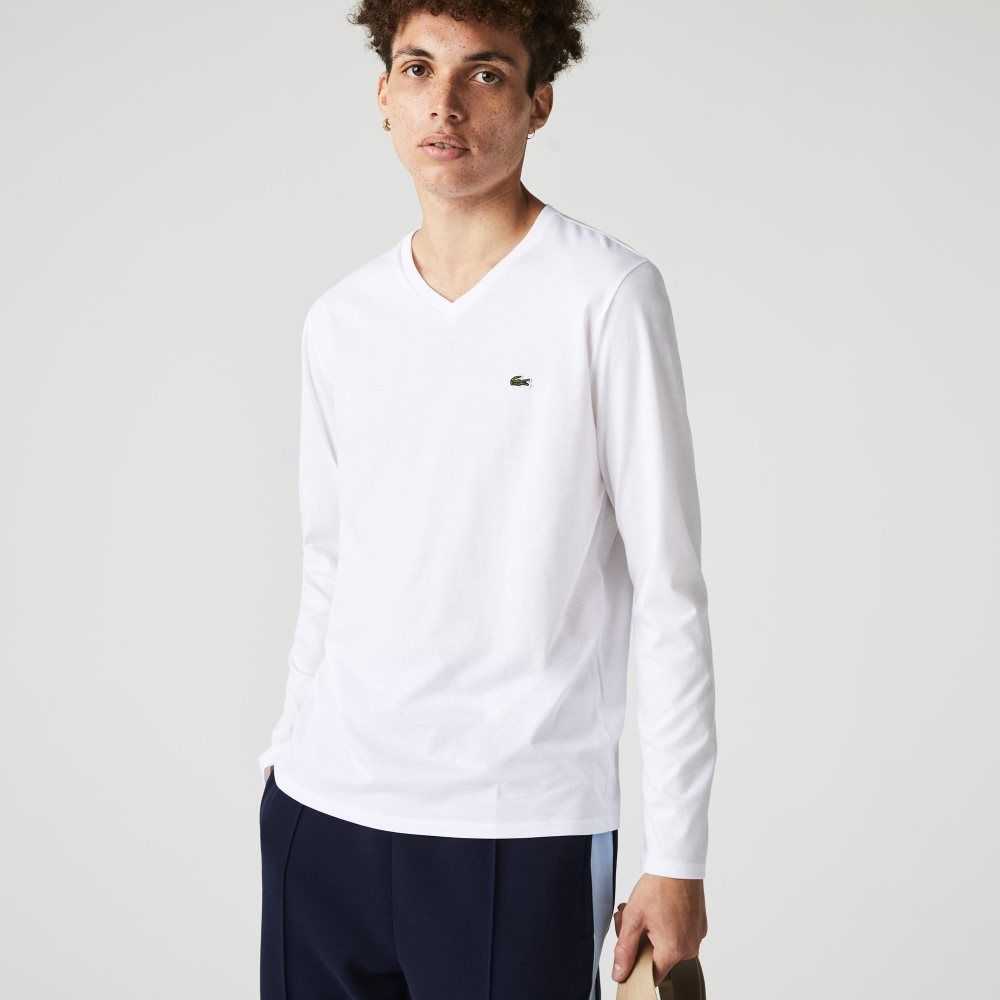 Lacoste V-Neck Ligeros Pima Algodon Jersey Blancas | 7645-LFJCG