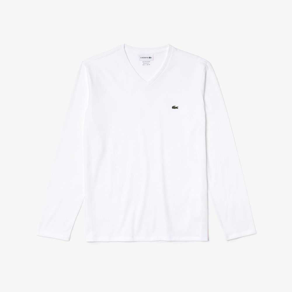 Lacoste V-Neck Ligeros Pima Algodon Jersey Blancas | 7645-LFJCG