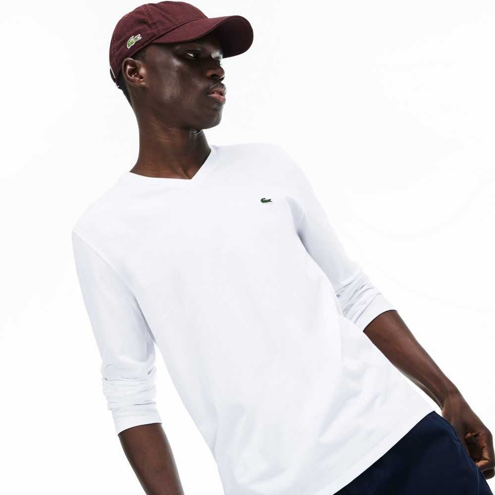 Lacoste V-Neck Ligeros Pima Algodon Jersey Blancas | 7645-LFJCG