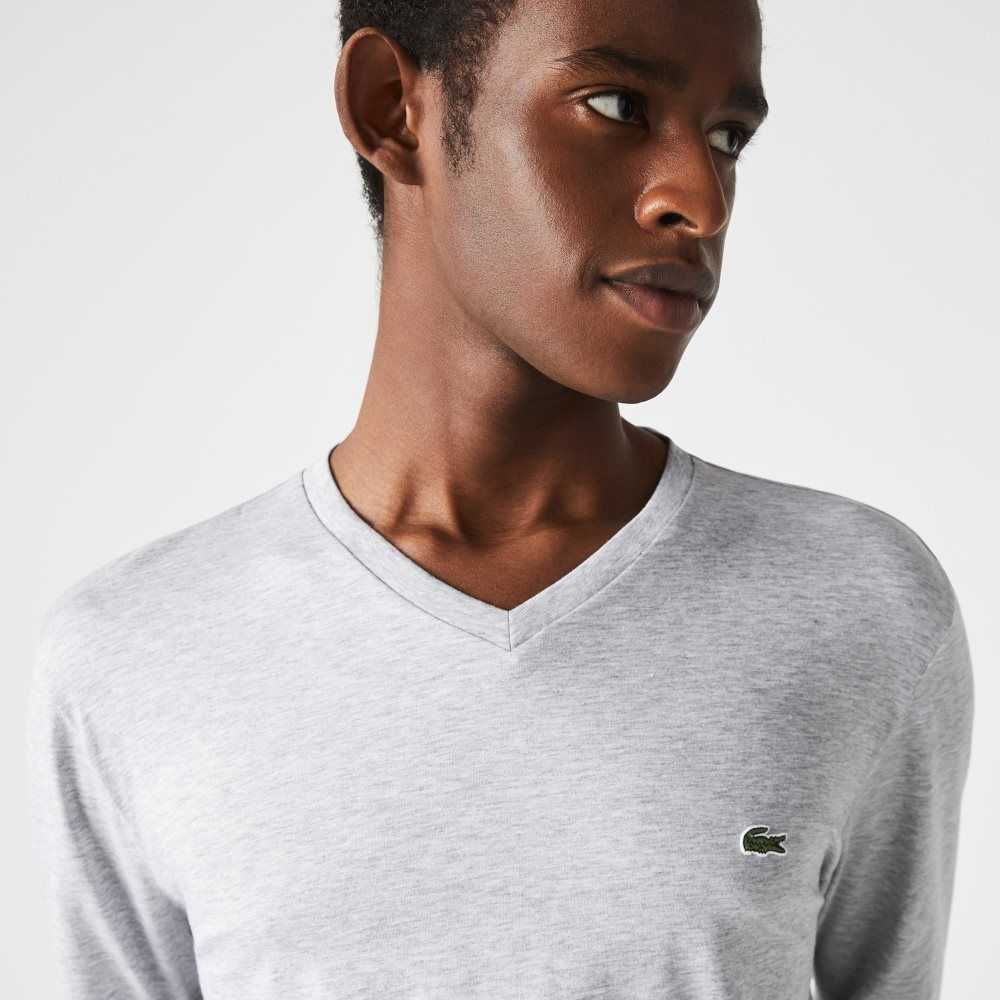 Lacoste V-Neck Ligeros Pima Algodon Jersey Gris | 9132-KPWST