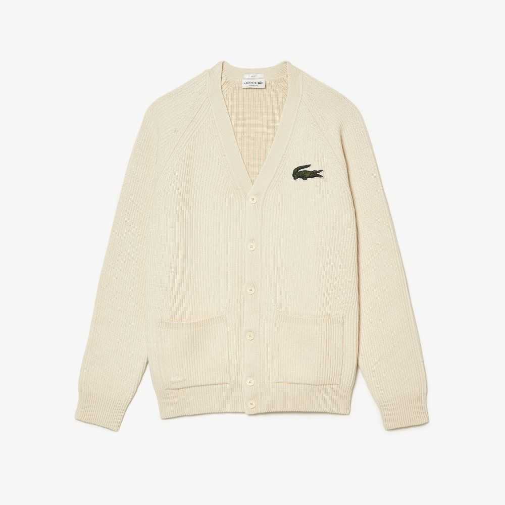 Lacoste V-Neck Organic Algodon Cardigan Blancas | 0684-UQLGP