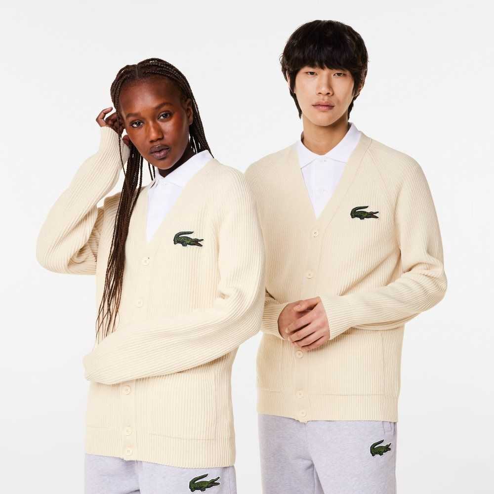 Lacoste V-Neck Organic Algodon Cardigan Blancas | 0684-UQLGP