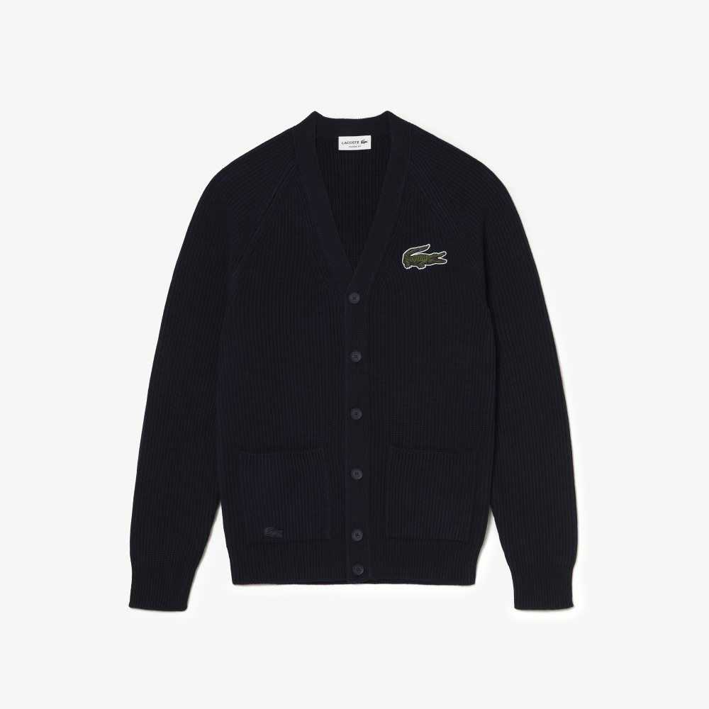 Lacoste V-Neck Organic Algodon Cardigan Azul Marino Azules | 3508-YSAJD