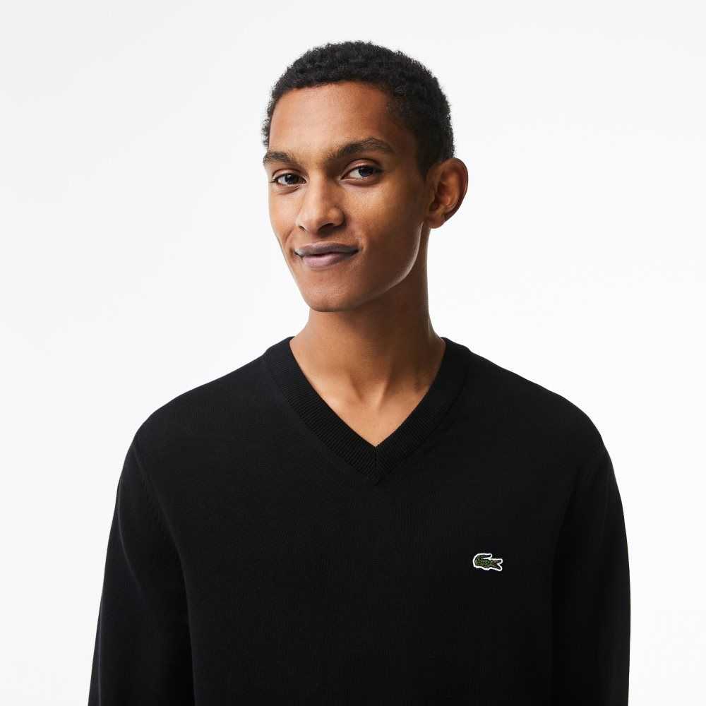 Lacoste V-Neck Organic Algodon Negras | 9371-FVUTJ