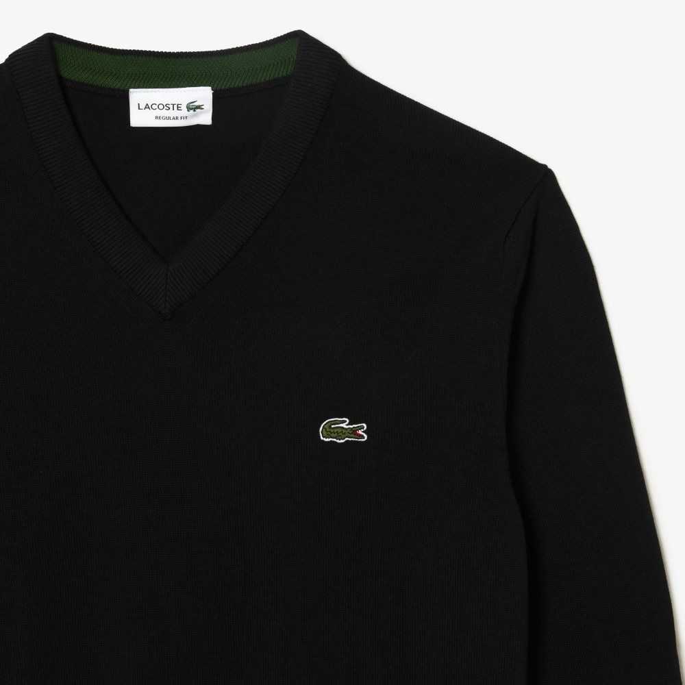 Lacoste V-Neck Organic Algodon Negras | 9371-FVUTJ