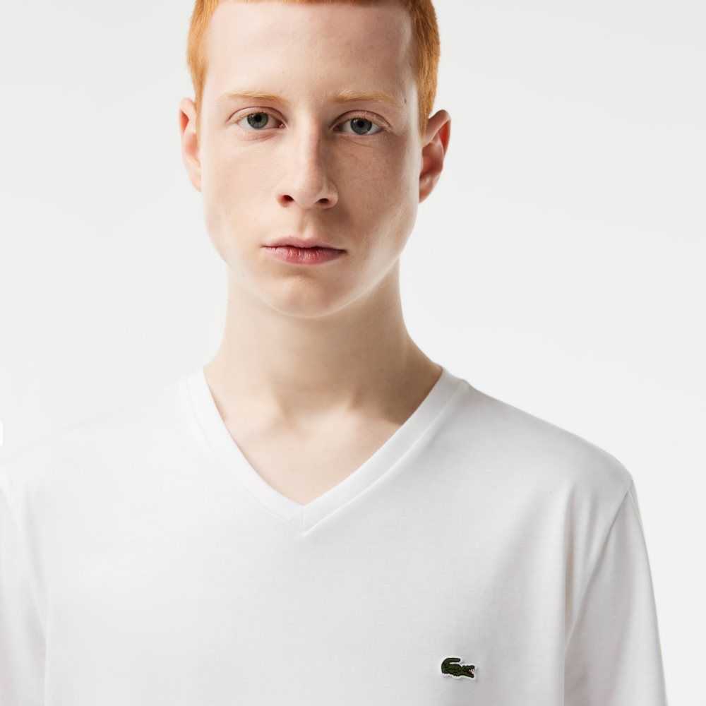 Lacoste V-Neck Pima Algodon Jersey Blancas | 7426-PFKHT