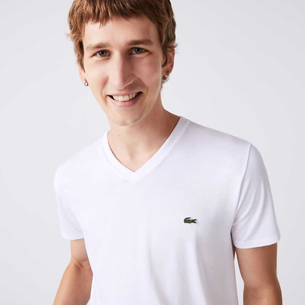 Lacoste V-Neck Pima Algodon Jersey Blancas | 7426-PFKHT