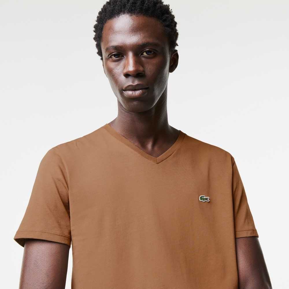 Lacoste V-Neck Pima Algodon Jersey Marrones | 3167-CQXOH