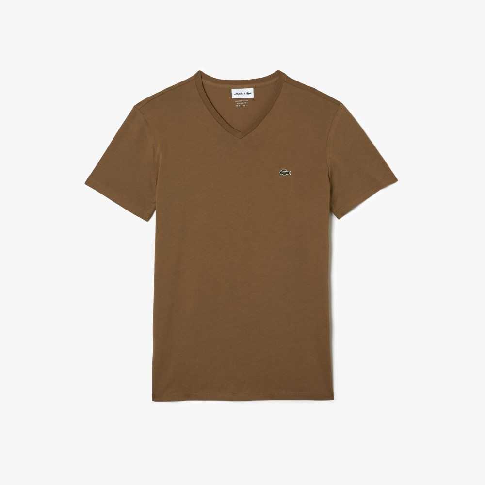 Lacoste V-Neck Pima Algodon Jersey Marrones | 3167-CQXOH