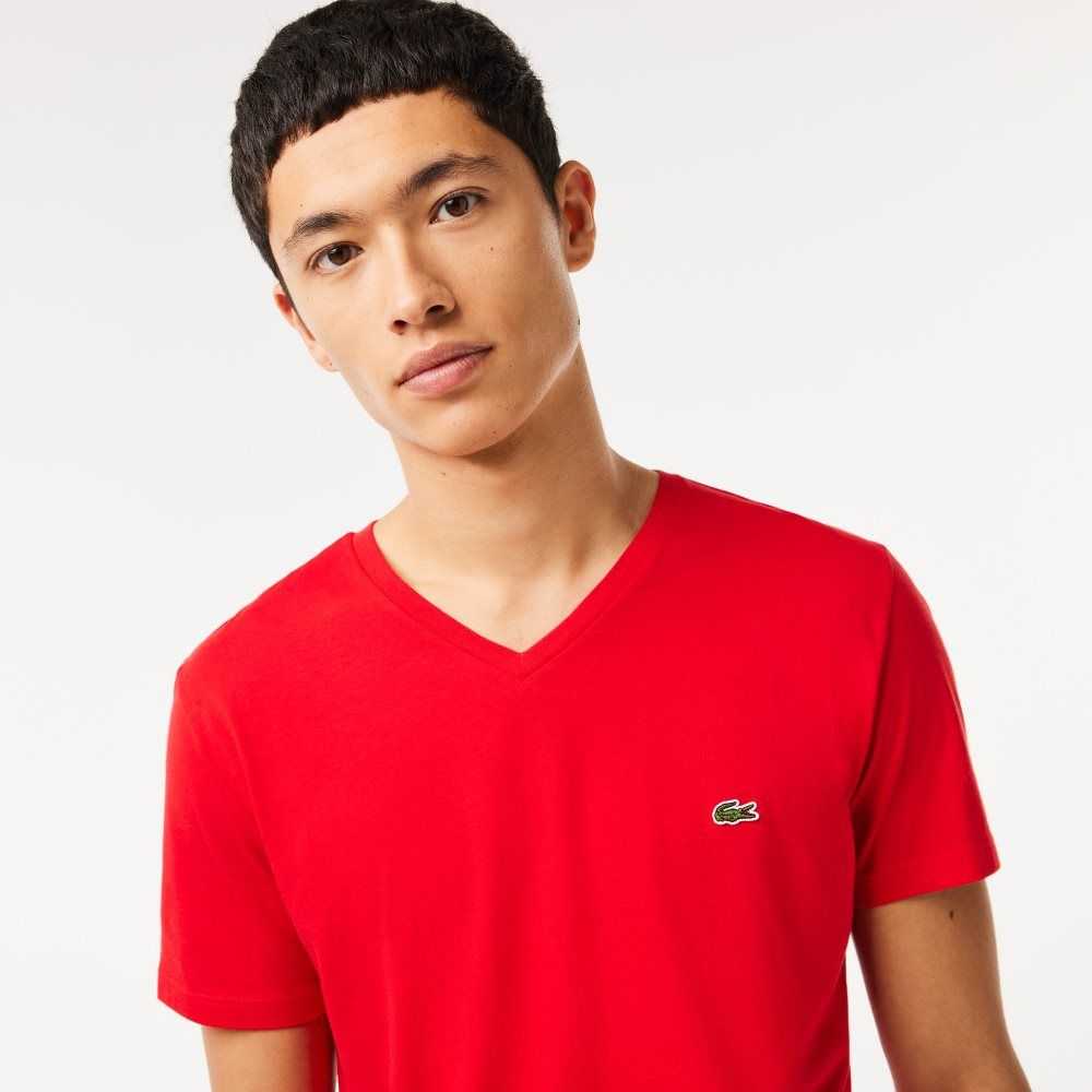 Lacoste V-Neck Pima Algodon Jersey Rojas | 9182-YIJZD