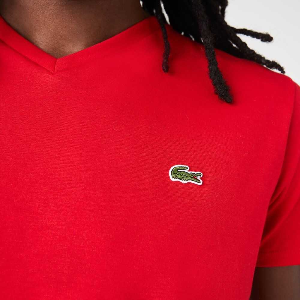 Lacoste V-Neck Pima Algodon Jersey Rojas | 9182-YIJZD