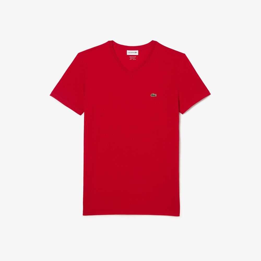 Lacoste V-Neck Pima Algodon Jersey Rojas | 9182-YIJZD