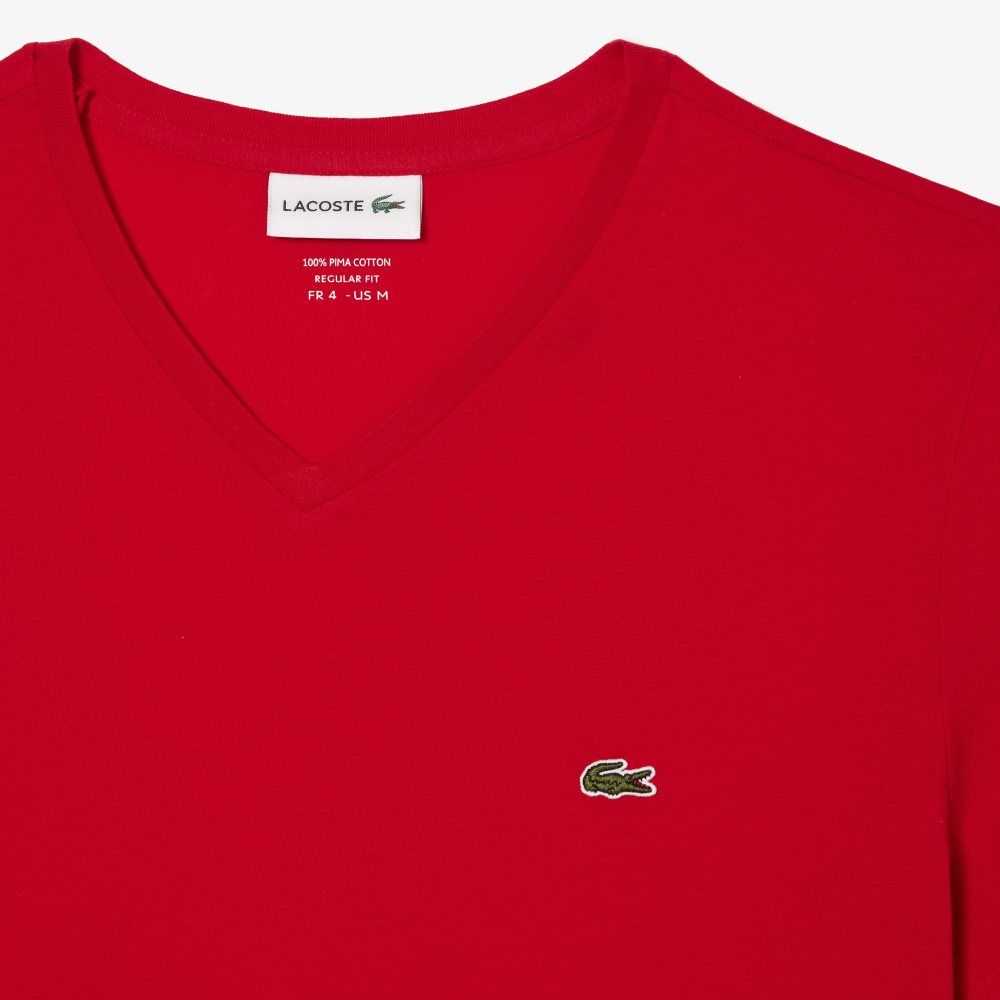 Lacoste V-Neck Pima Algodon Jersey Rojas | 9182-YIJZD