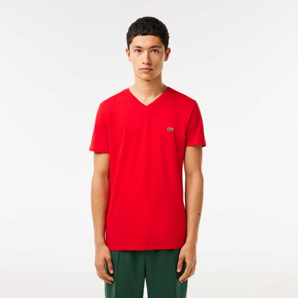 Lacoste V-Neck Pima Algodon Jersey Rojas | 9182-YIJZD