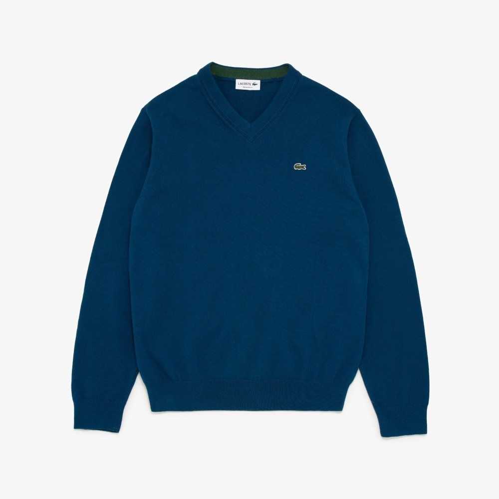 Lacoste V-neck Algodon Azules | 6094-VKXRJ