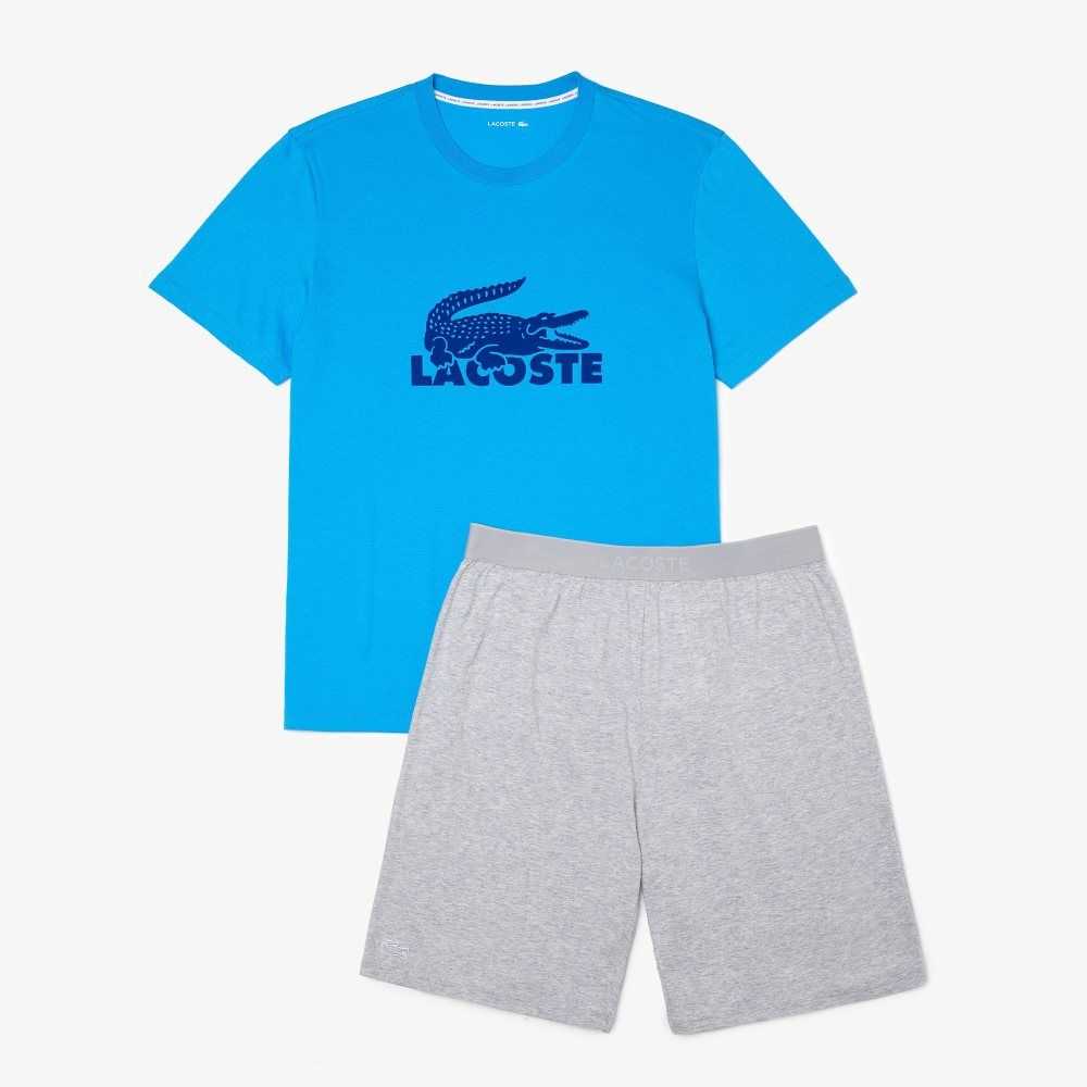 Lacoste Velvet Logo Corta Pajama Set Azules Gris | 8572-EYTLU