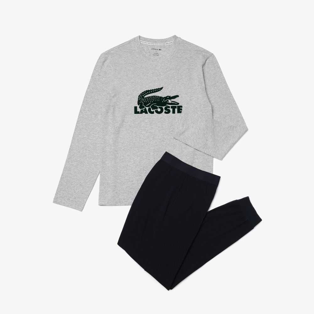 Lacoste Velvet Logo Long Pajama Set Azul Marino Azules Gris Verde | 9367-DAEVY