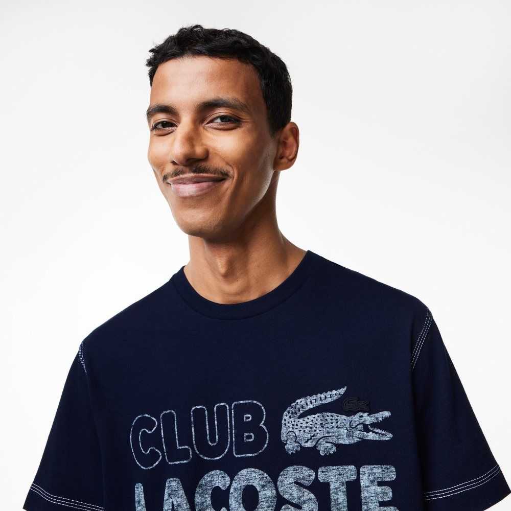 Lacoste Vintage Print Organic Algodon Azul Marino Azules | 8731-DITGP