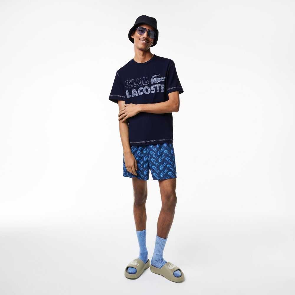 Lacoste Vintage Print Organic Algodon Azul Marino Azules | 8731-DITGP