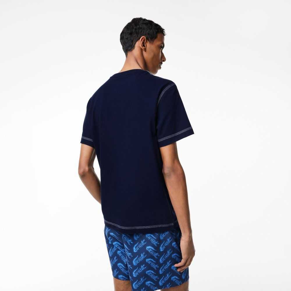 Lacoste Vintage Print Organic Algodon Azul Marino Azules | 8731-DITGP