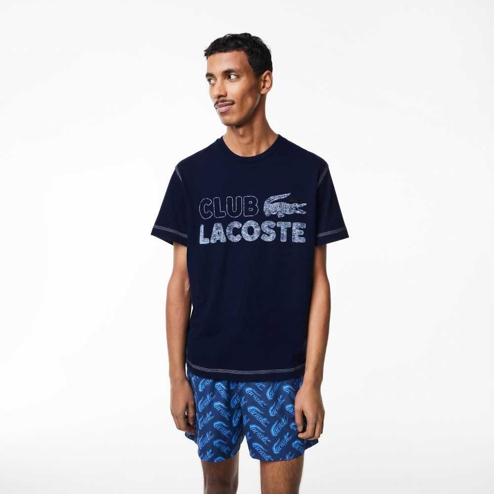 Lacoste Vintage Print Organic Algodon Azul Marino Azules | 8731-DITGP