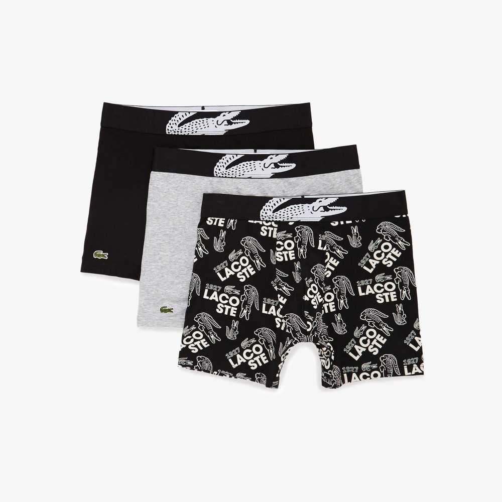 Lacoste XXL Crocodile Cintura Long Stretch Algodon Boxer Brief 3-Pack Negras Blancas Gris | 7461-ZULXA