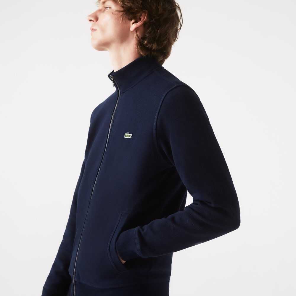 Lacoste Zippered Stand-Up Collar Pique Fleece Jacket Azul Marino Azules | 7142-LBYWQ