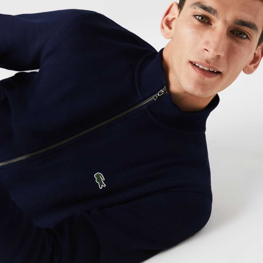 Lacoste Zippered Stand-Up Collar Pique Fleece Jacket Azul Marino Azules | 7142-LBYWQ